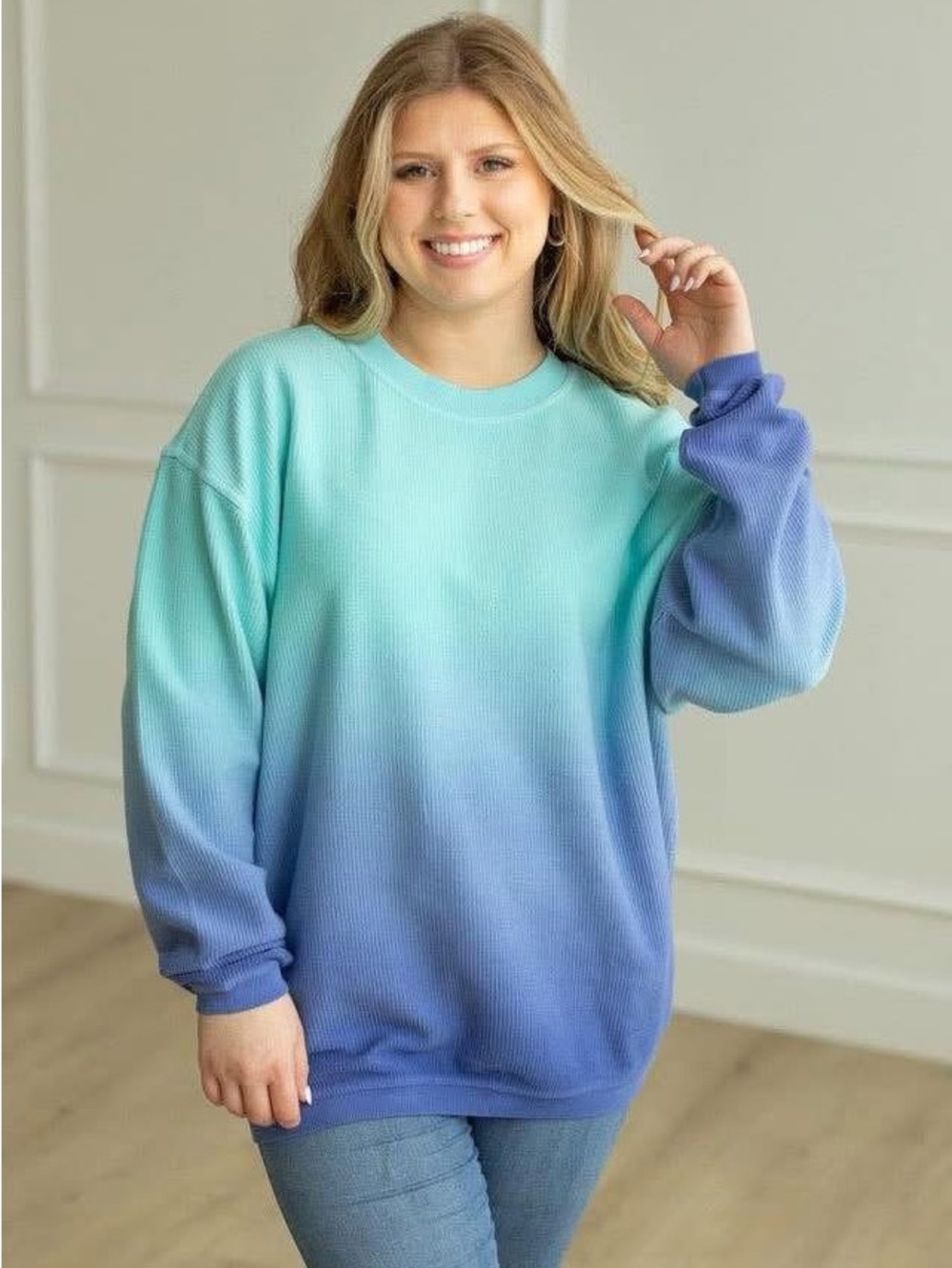 Moon Ryder Corded Crewneck Sweatshirt, Blue Ombre, Long Sleeve, Size Small, NWT